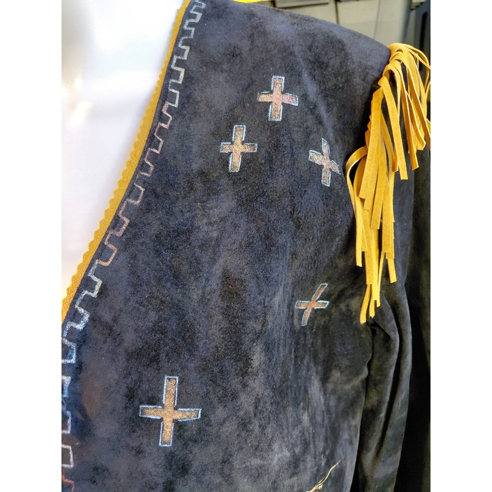 Patricia Wolf Black Suede Hand Painted Horse Fringe Western Jacket Womens Medium - Picture 5 of 15